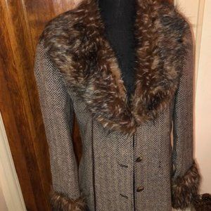 DKNY Tweed Coat with Fur Trim